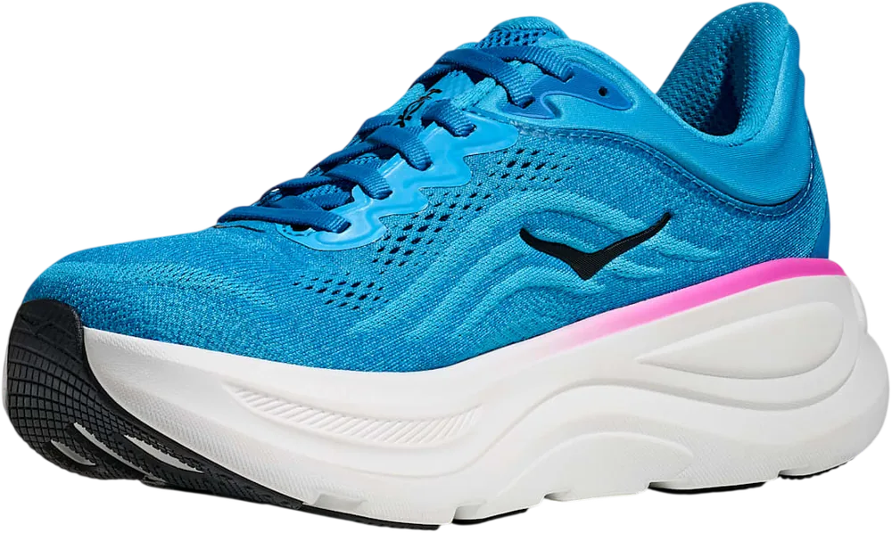 HOKA Bondi 9 Skyward Blue/Neon Fuchsia, vue trois quarts