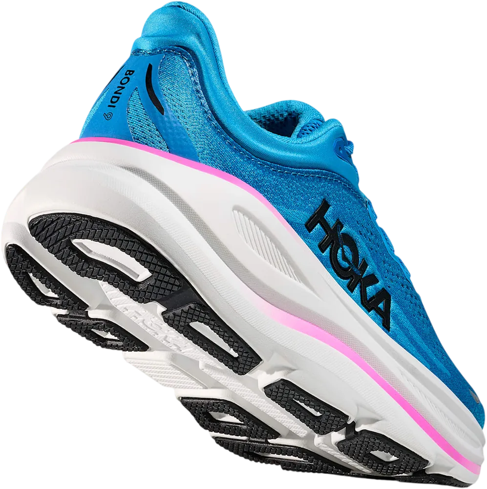 HOKA Bondi 9 Skyward Blue/Neon Fuchsia, vue trois quarts
