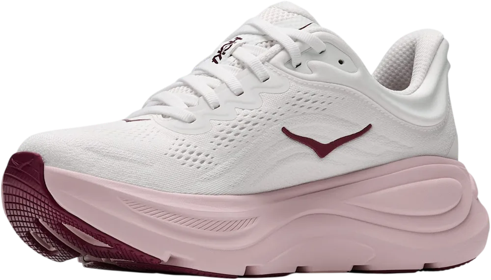 HOKA Bondi 9 White/Pink Opal, vue trois quarts