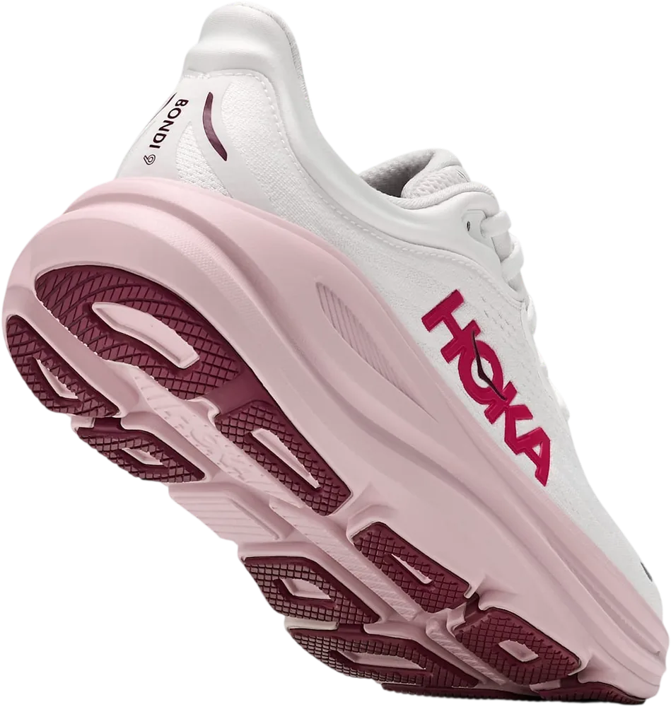HOKA Bondi 9 White/Pink Opal, vue trois quarts