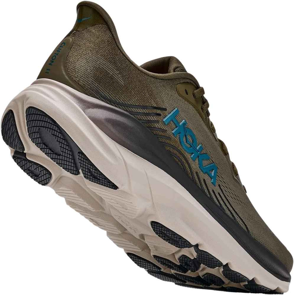 HOKA Clifton 11 Antique Olive/River Rock Grey, vue trois quarts