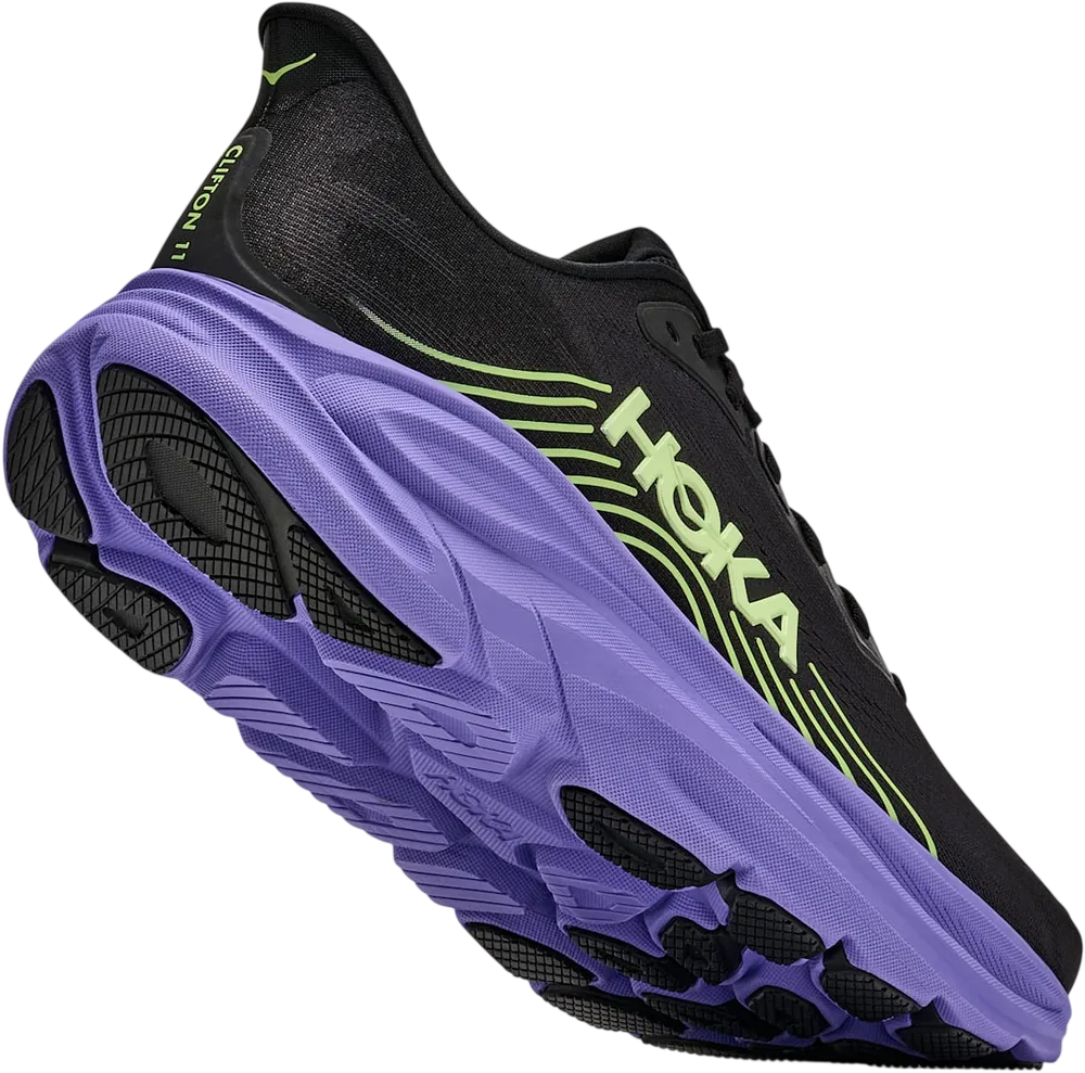 HOKA Clifton 11 Black/Neon Yuzu, vue trois quarts