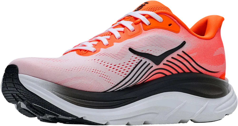 HOKA Clifton 11 Neon Tangerine/Frost, vue trois quarts