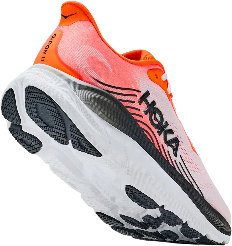HOKA Clifton 11 Neon Tangerine/Frost, vue trois quarts