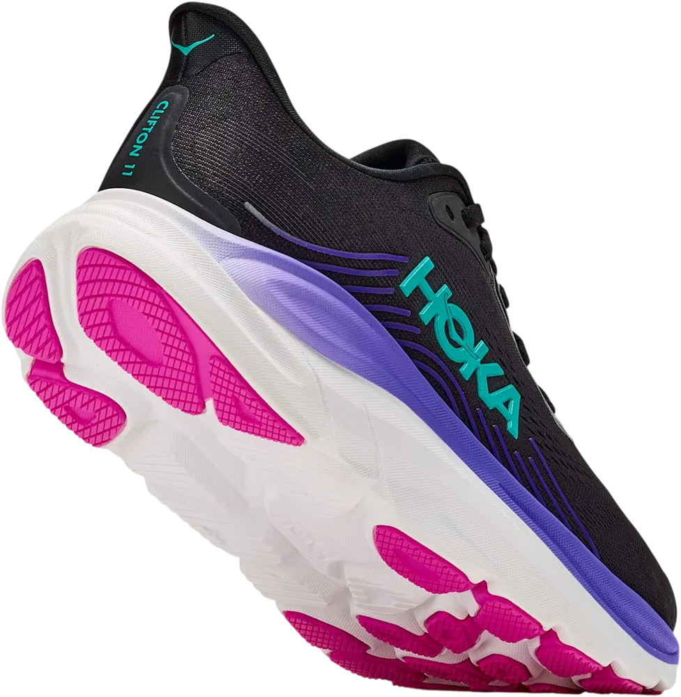 HOKA Clifton 11 Black/Neon Nebula, vue trois quarts