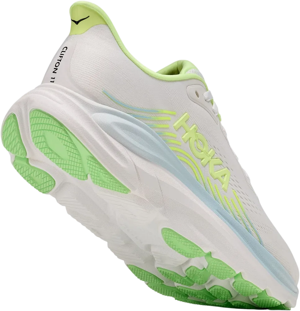 HOKA Clifton 11 Frost/Neon Yuzu, vue trois quarts
