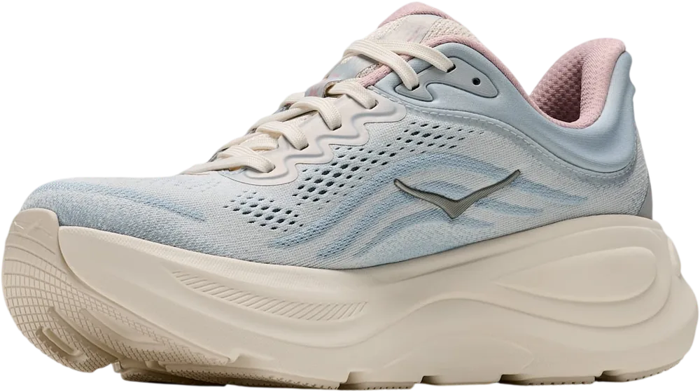 HOKA Bondi 9 Alabaster/Mineral Blue, vue trois quarts