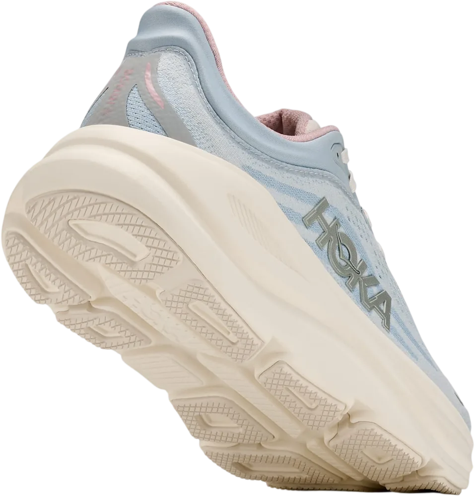 HOKA Bondi 9 Alabaster/Mineral Blue, vue trois quarts